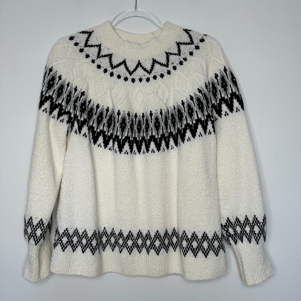 J Jill Fair‎ Isle Sweater Size S Cream Black Pullover Crewneck
